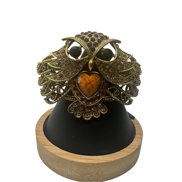 Antiqued Tone Owl Clamper Bracelet Rhinestone Statement Goth Heart Crystal Cuff - Picture 5 of 9